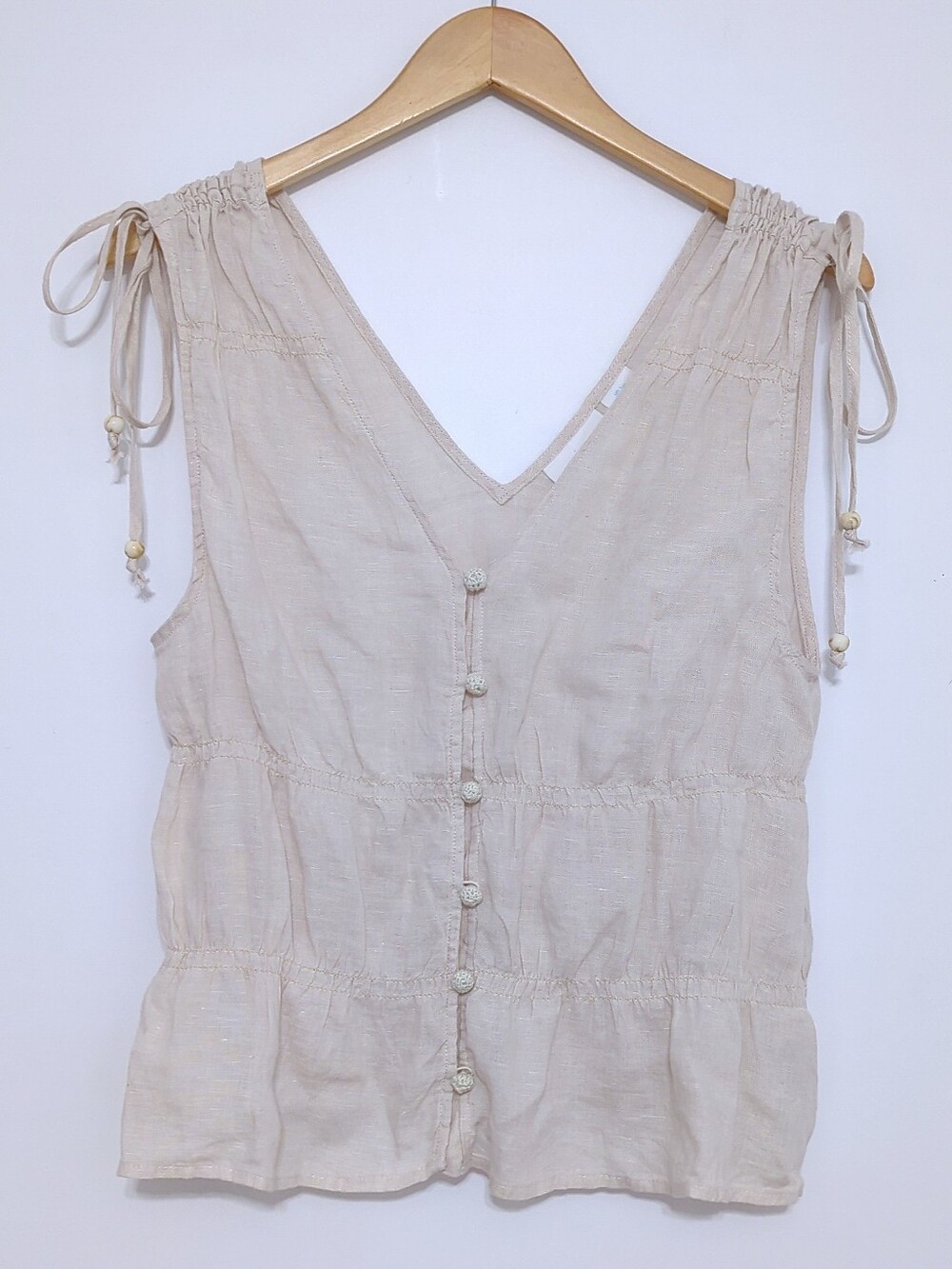 Cynthia Rowley Beige Linen Tassel Tie Shoulder Peplum Top Coastal Boho L - Picture 2 of 8